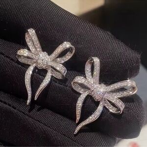 Diamond Bow Ribbon Crystal Elegant Silver Earrings